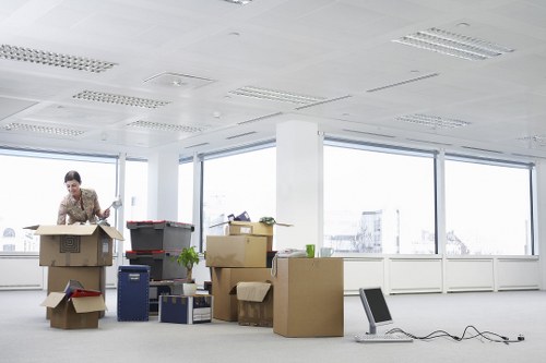 Business furniture and equipment prepared for a commercial move